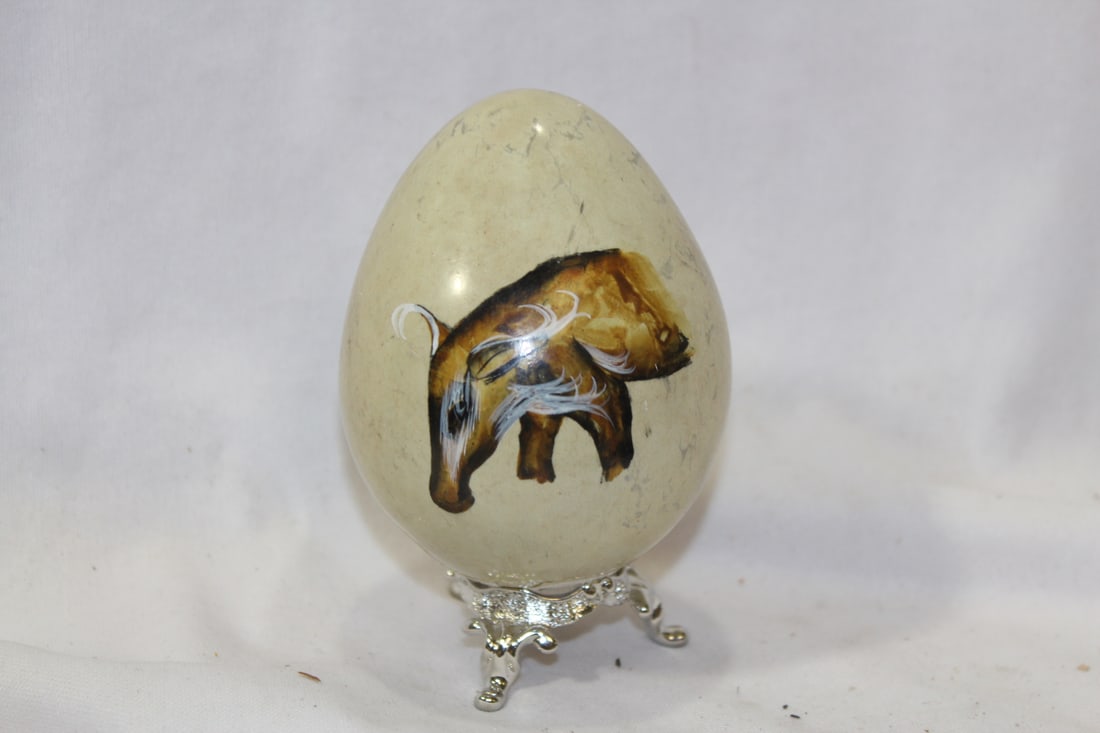 A Painted Stone Egg on Stand: egg= 3 3/8" in diameter