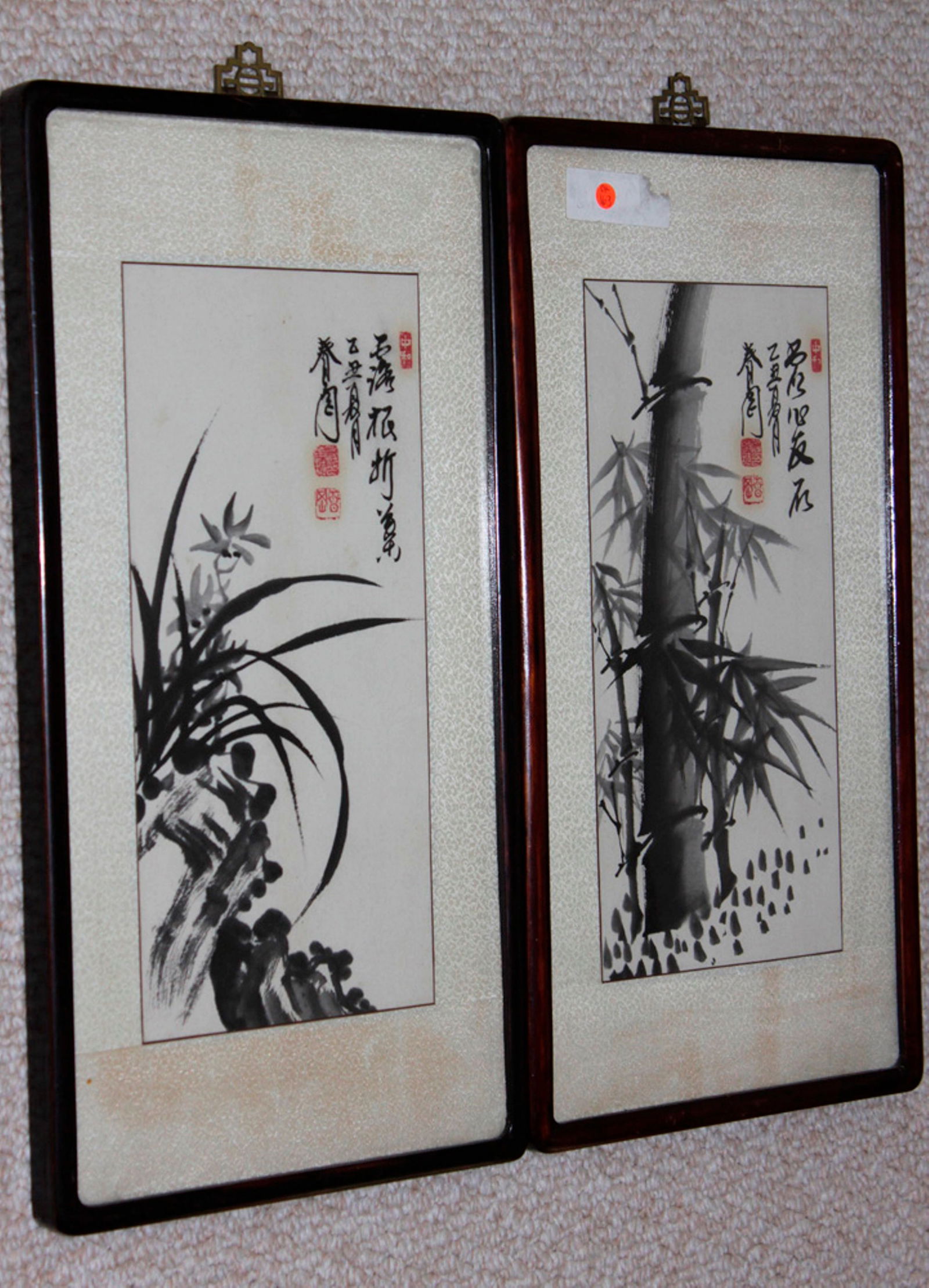 A Pair of Antique Asian Watercolors: Signed. Probably from the early 20th century. Sight size 6 1/2" x 13 3/8". Overall size 19 1/2" x 10" - Chinese / Asian / Japanese / Korean