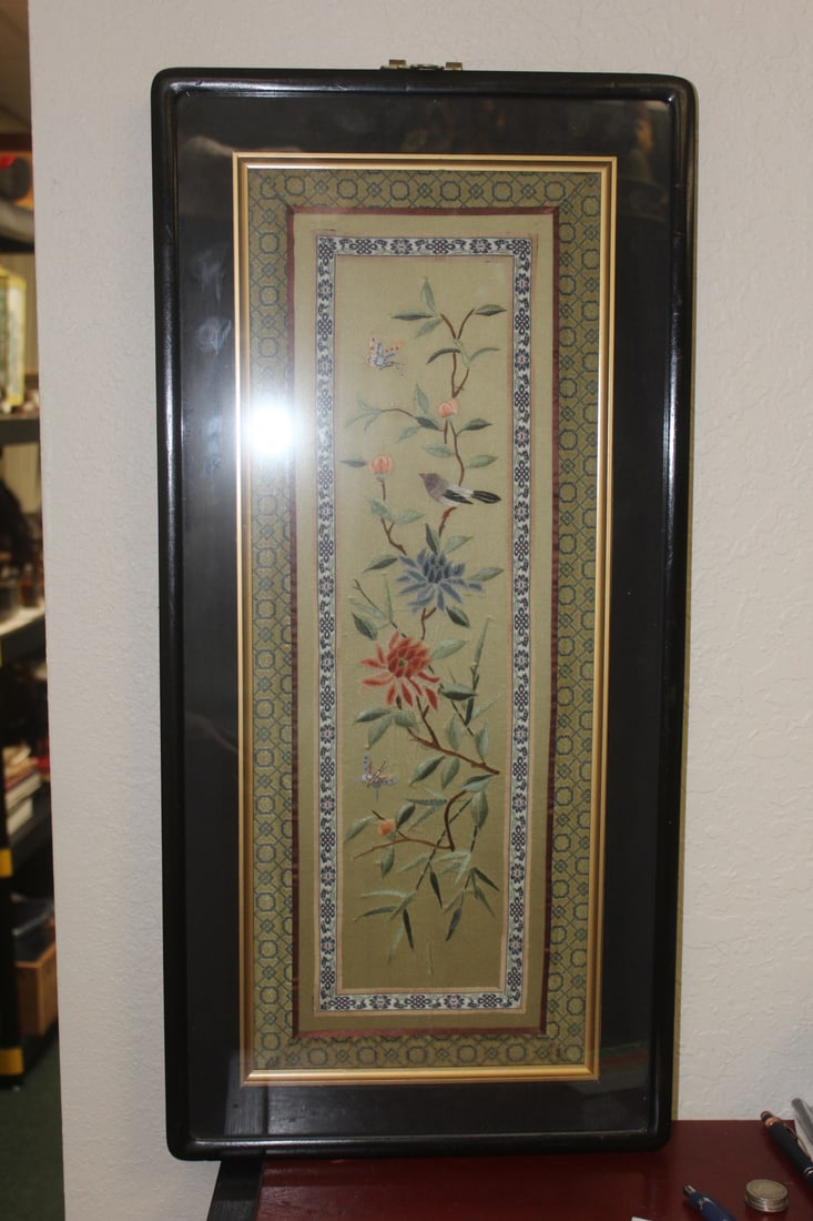 Framed Chinese Silk: 26 1/4" x 12 1/2"