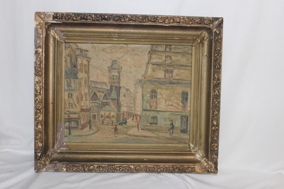 Oil on Canvas Board: Framed - please note: holes on the corner - signed lower left, but cannot decifer who the artist was - overall= 13 1/2" x 11 1/2"