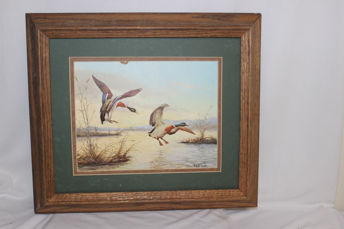 A Framed Duck Print: no glass - plate signed Vicente Roso - overall= 14 3/4" x 13"