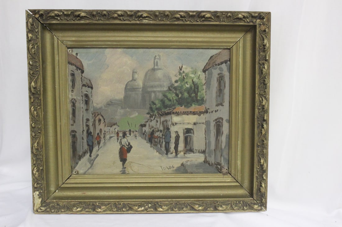 An Antique/Vintage Oil on Board: signed: Tores - overall= 13 1/2" x 11 3/4" - holes on the corner as shown