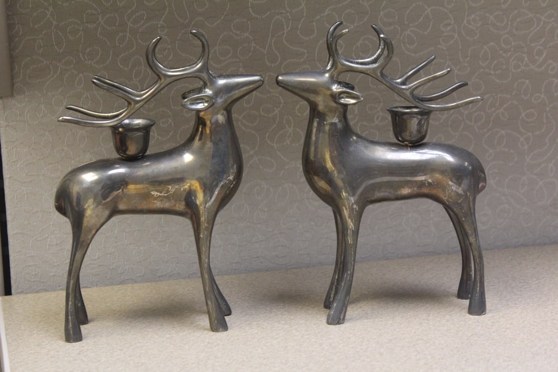 Pair of Silverplated Deer Candle Holders: 5 3/8" across
