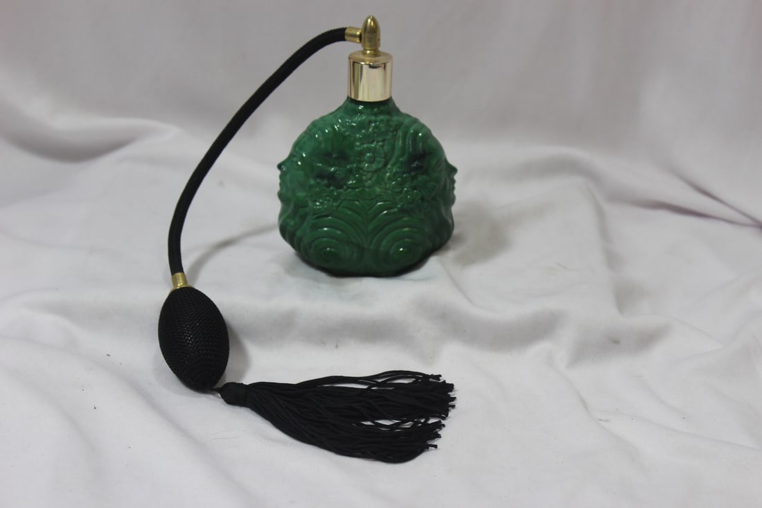 A Green Glass Parfume Bottle: with atomizer - two face- possibly Czech - 5 1/4" tall