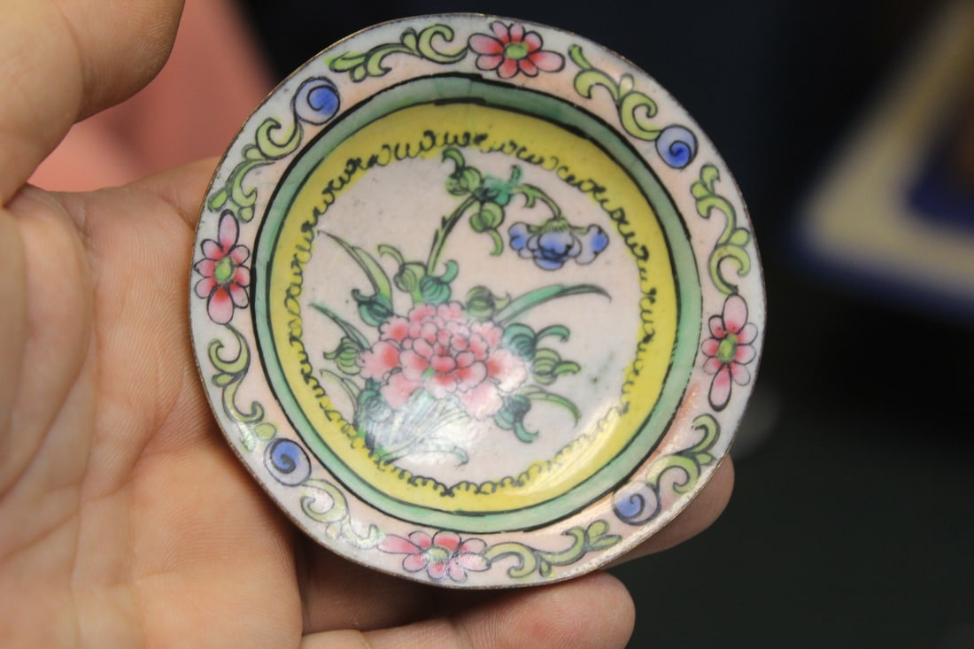 Antique Chinese Enamel Small Plate: marked "China" - 3 inches in diameter