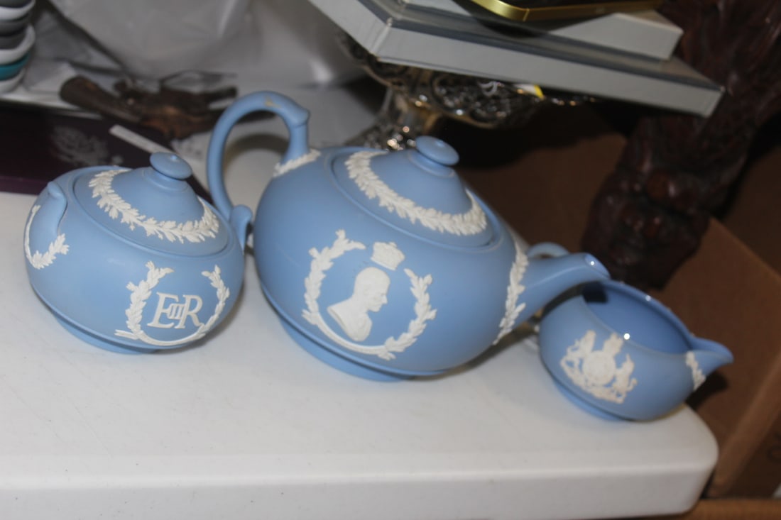 Set of 3 Wedgwood Tea Set: wedgwood jasperware - 1953 coronation tea set - teapot= 8 5/8" wide