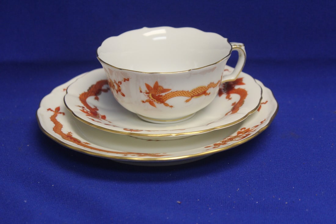German Meissen Cup, Saucer and Underplate: largest diameter= 7 inches - red dragon set