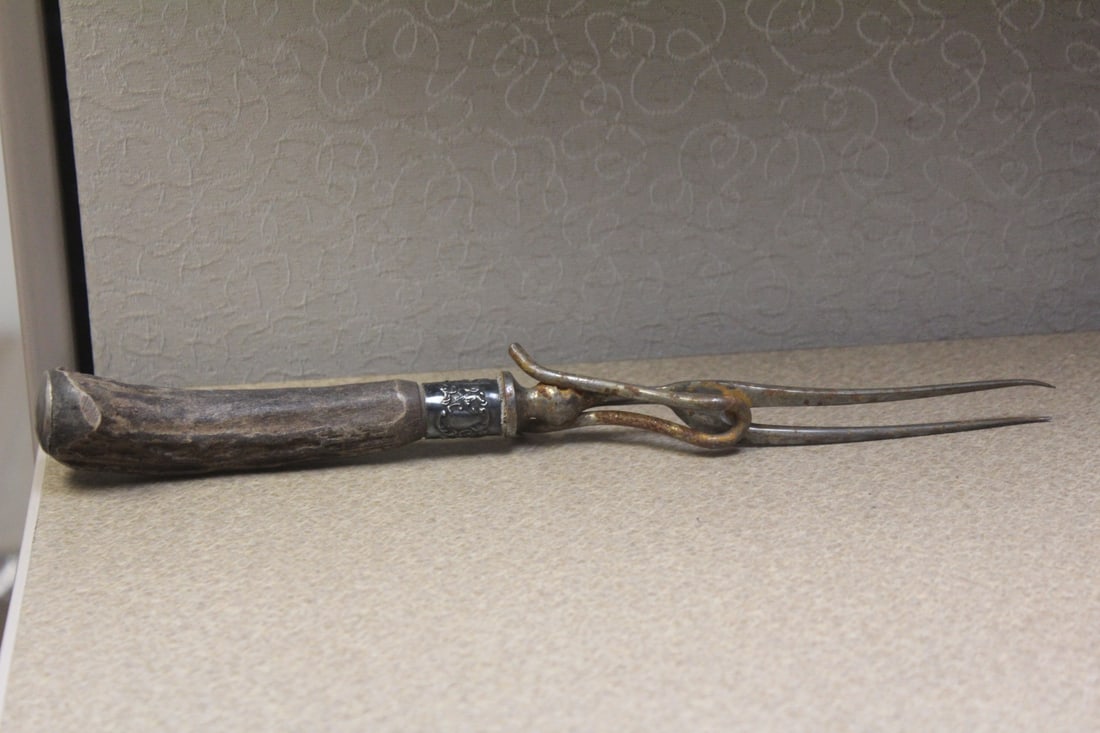 Elk Handle Serving Fork: possibly sterling bar - 11" across