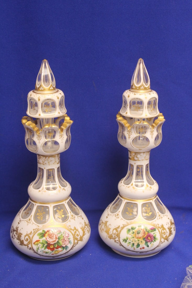 Moser? Overlay Pair of Bohemian Perfume Bottles: impressive - 11 inches tall