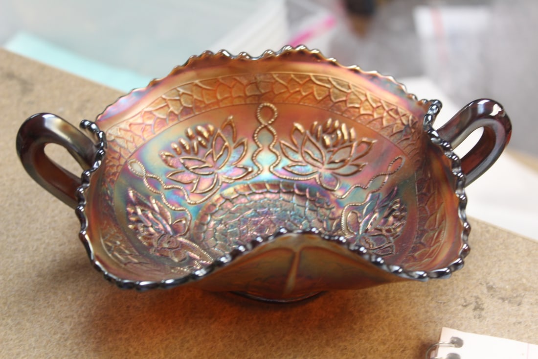 Carnival Glass Bowl: with two handles - handle to handle= 7 1/2" across
