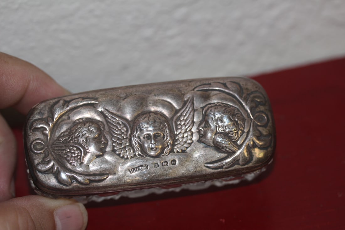 Antique Sterling Silver Top Glass Container: most likely sterling silver - 19th century - 3 3/8" long