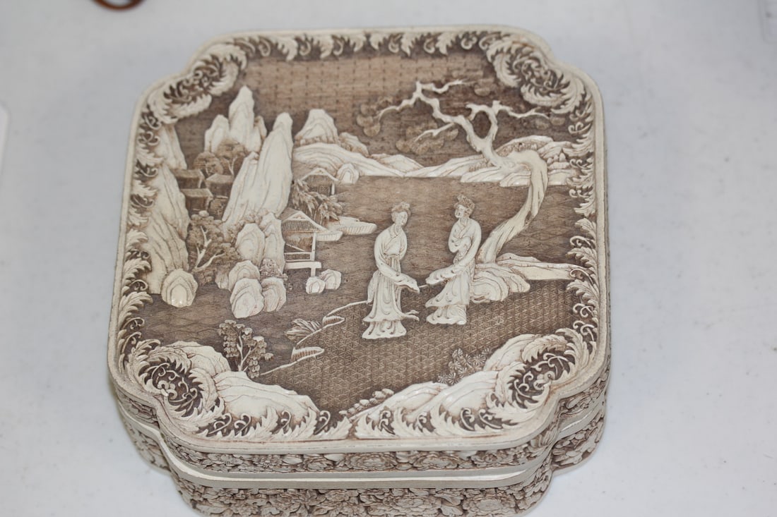 Well Carved Chinese Box: composite material - probably 1950's - 7 1/4" square