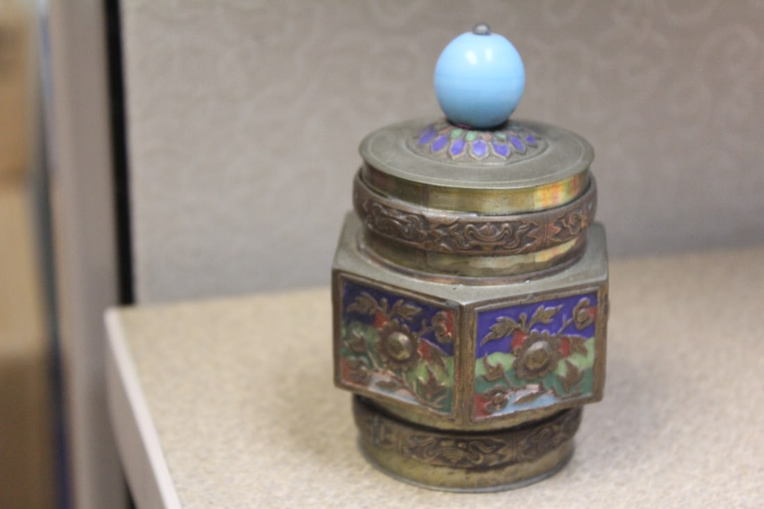Antique Chinese Enamel on Copper Box: peking glass finish - 4 1/4" tall