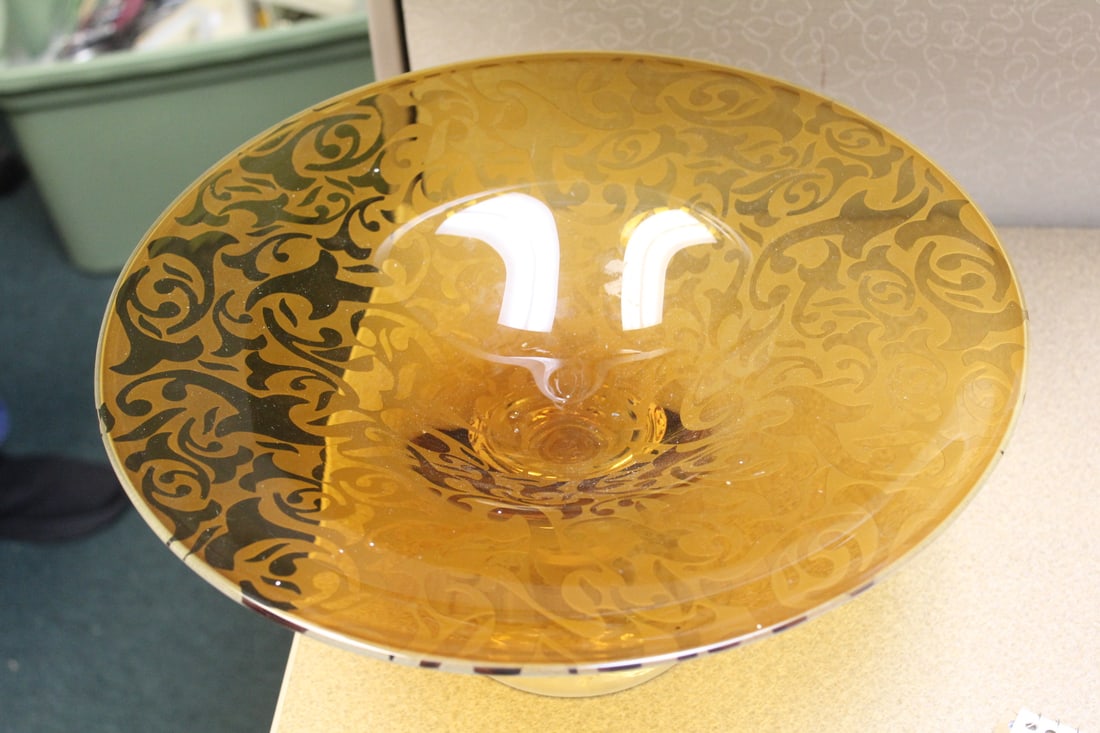 Signed Michael Weems Etched Compote: 13 3/4" in diameter and 6 3/8" tall