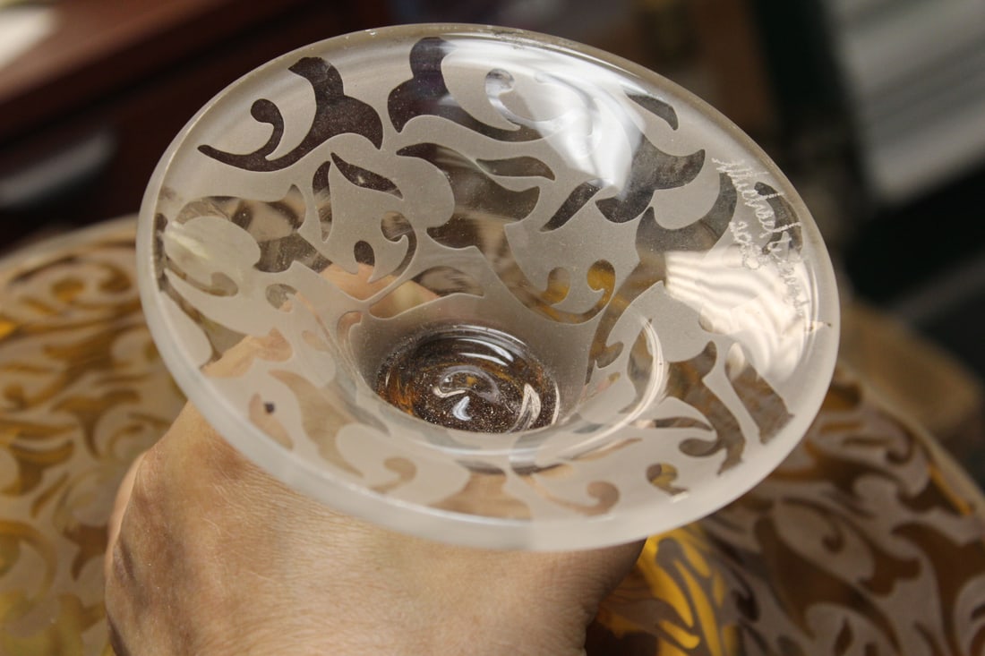 Signed Michael Weems Etched Compote - 7