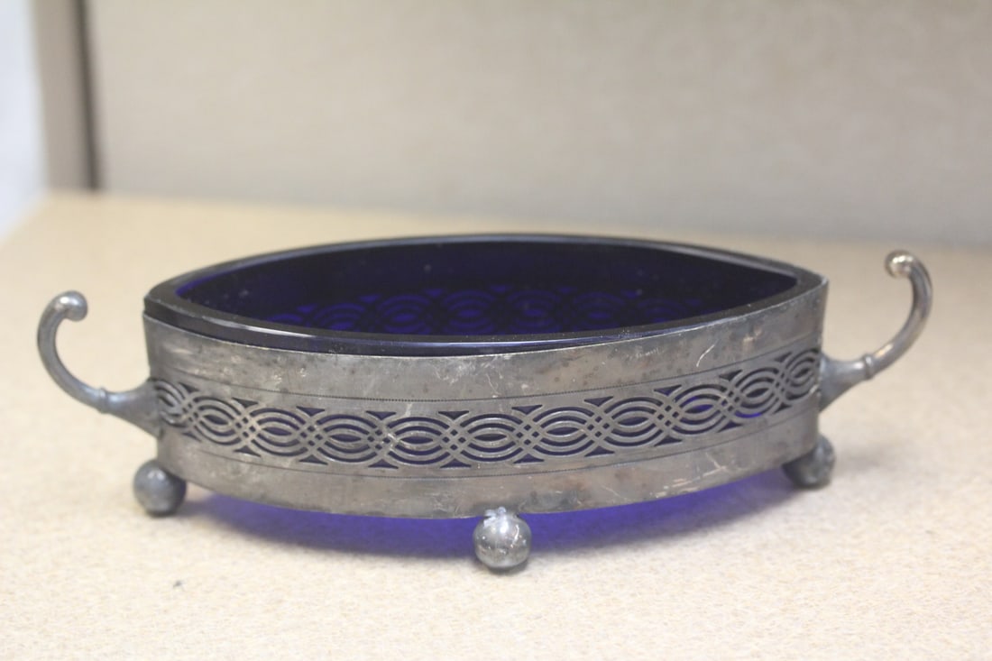 Antique Silverplated Gravy Bowl: silverplate and cobalt blue - 7 1/2" across