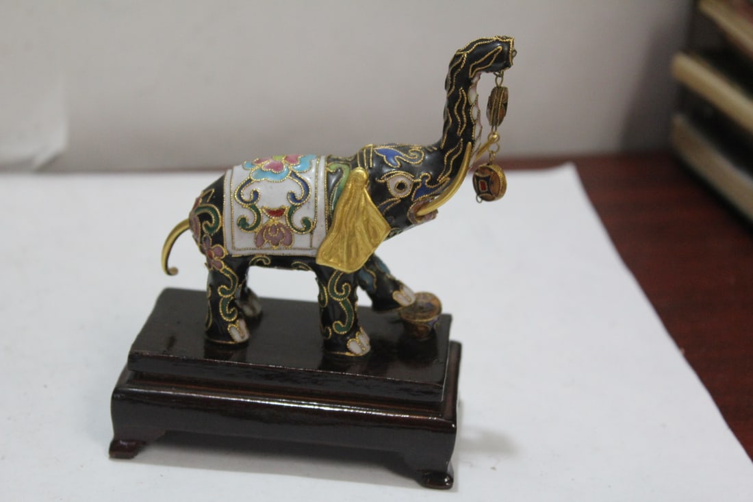 A Cloisonne Elephant on Stand: elephant= 3 1/2" across