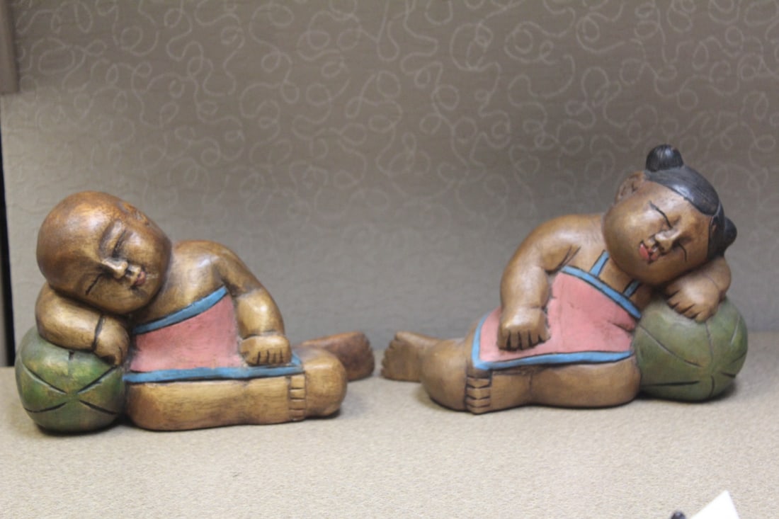 Pair of Wooden Boy-Girl Figurine: 6" across each - vintage