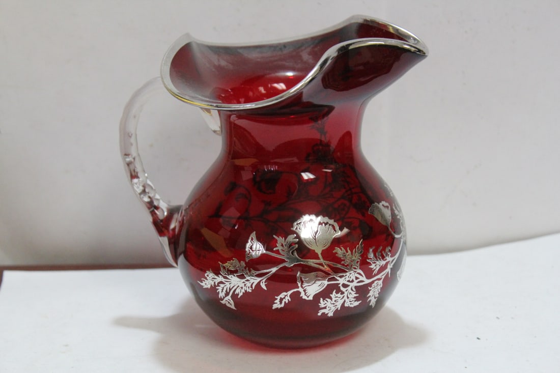 Silver Overlay Ruby Red Sterling and Glass Pitcher: 6 1/2" tall