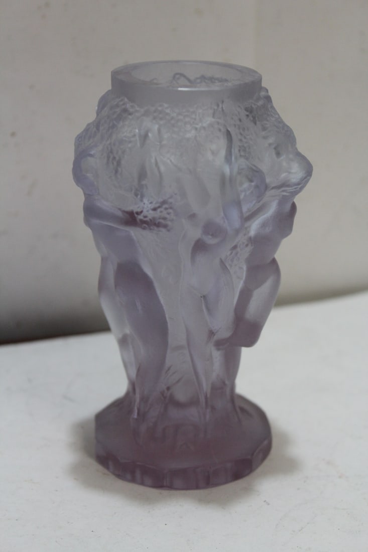 A Signed Amethyst Nude Vase: Lalique-style or possible Lalique - signed: R. Lalique - 5 1/8" tall - please note: wire transfer only on this piece