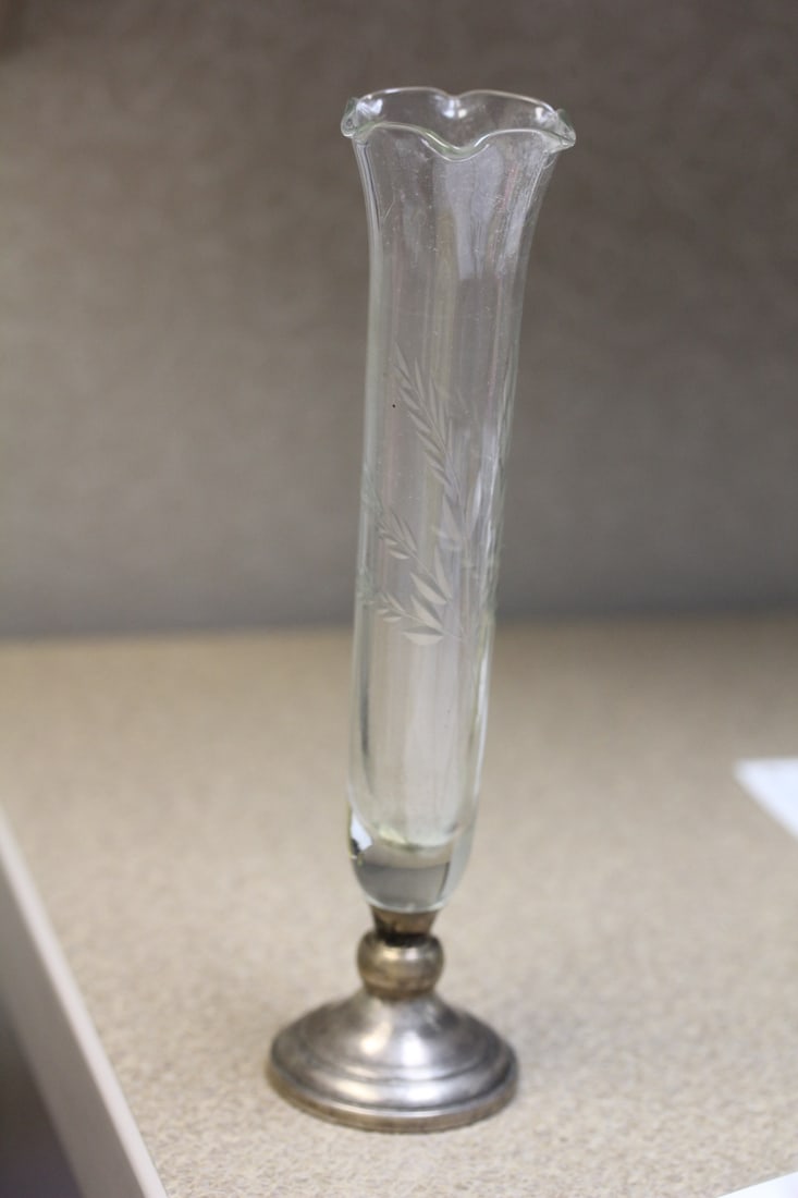 Sterling Rim Etched Glass Vase: 7 1/2" tall