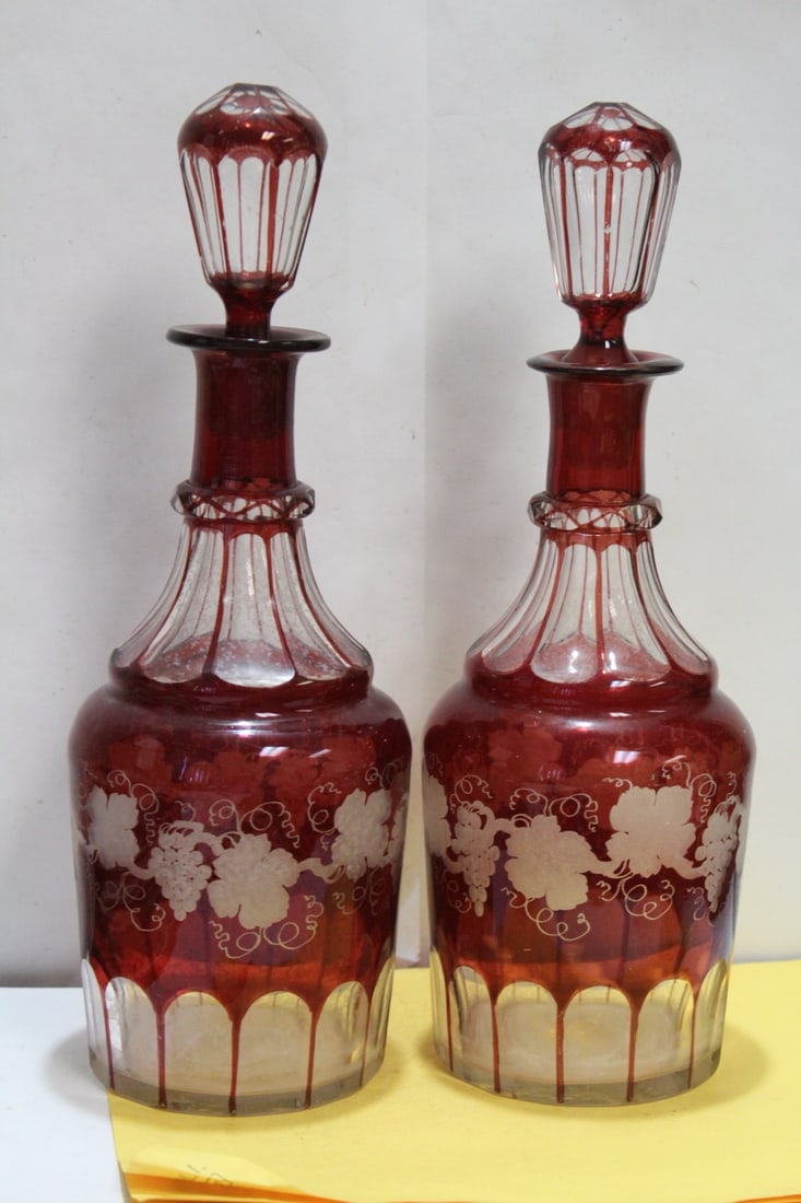 A Pair of Ruby Red Etched Glass Decanters: 13" tall