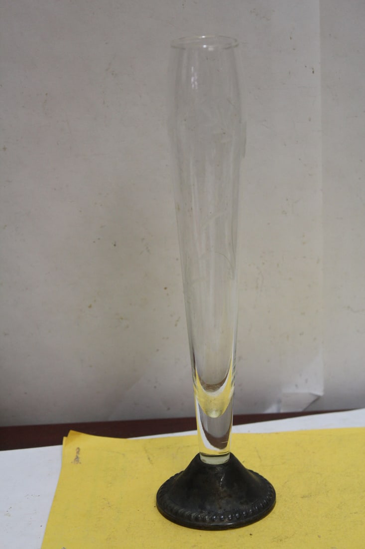 A Sterling Etched Vase: weighted base - 9 1/2" tall - needs cleaning