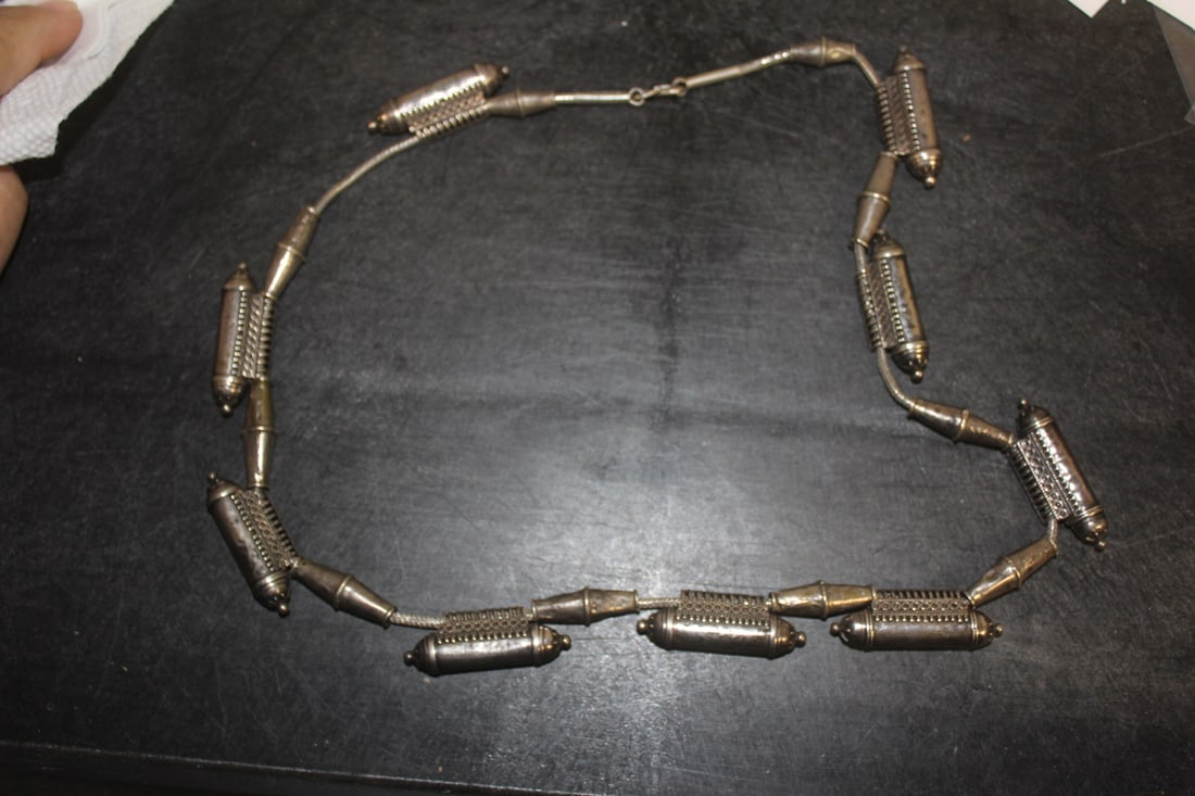 Antique Indian Taweez Nine Amulet Necklace: high grade silver (tested) - from India - measures 25" unclapsed