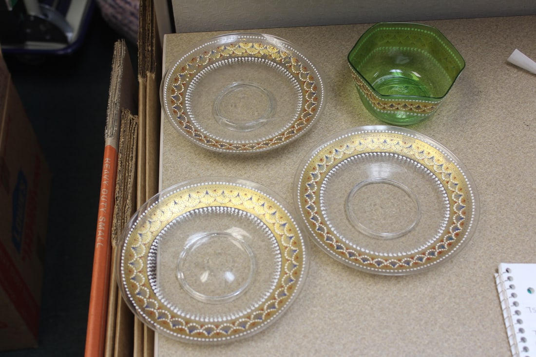 Lot of 4 most likely Moser Glasses Articles: to include one bowl and three plates - please note: all have internal cracks as shown - so sold as found - plate: 6 1/2" in diameter