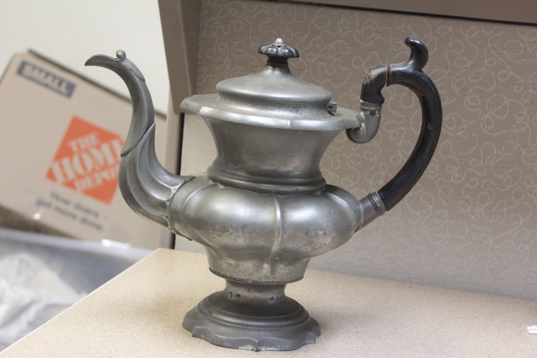 Signed James Dixon Teapot: please note: separation by the wooden handle as shown - 9 3/4" tall