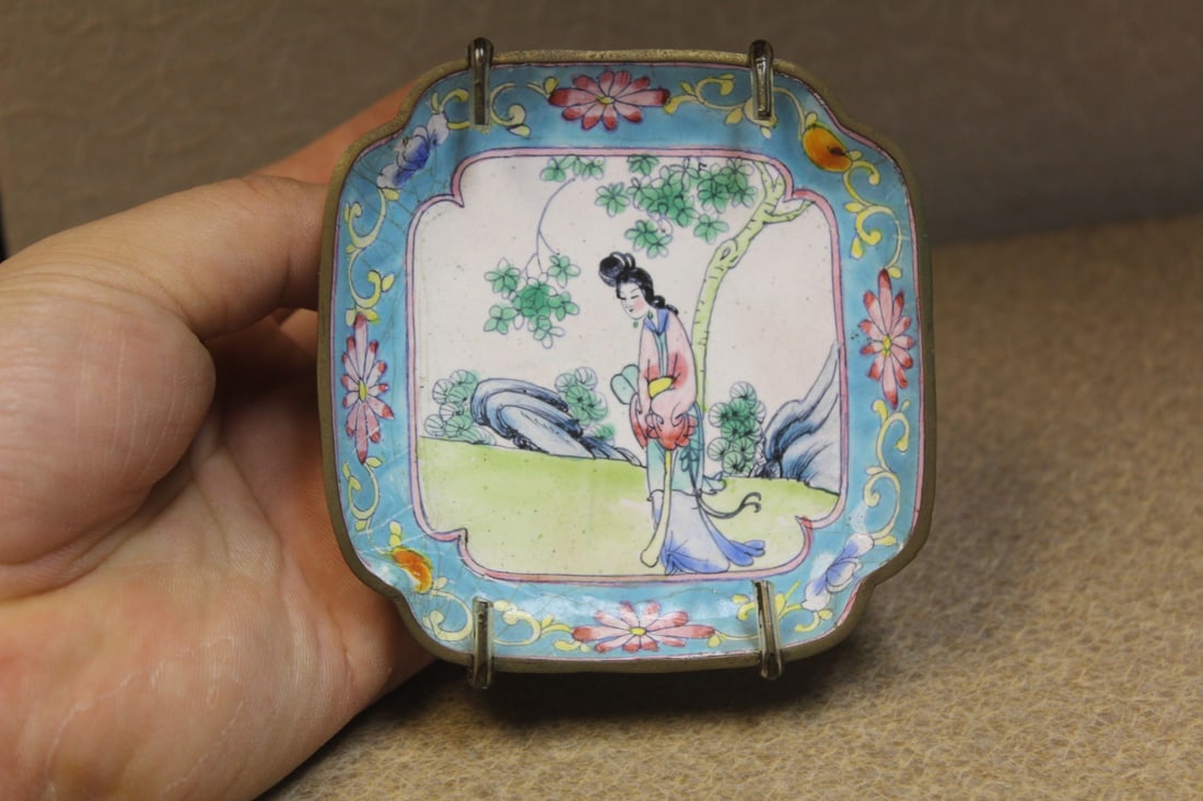 Antique Chinese Enamel Square Dish: marked "China" - 3 1/2" square