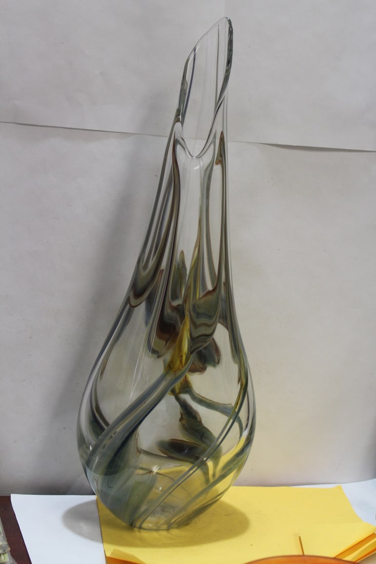 A Signed Artglass Vase: signed by David Goldhagen -20 1/4" tall