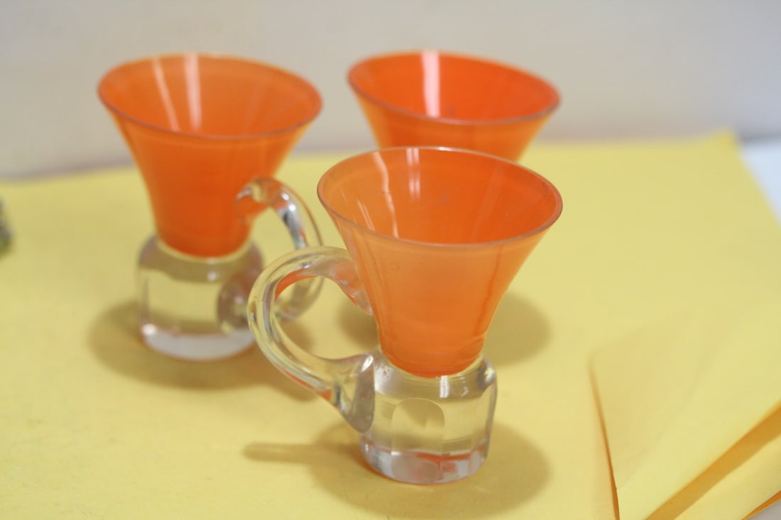 Lot of 3 Small Orange Glass Cups: please note: tiny fleabites on one - 2 1/2" tall