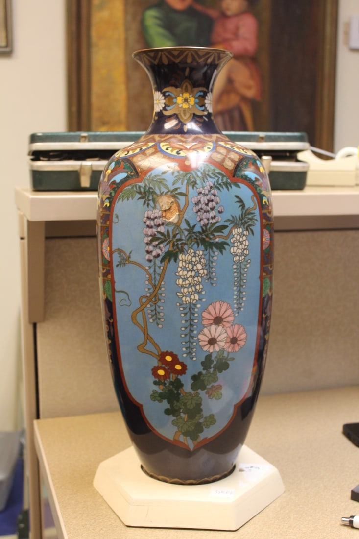 Large Japanese Cloisonne Vase: attached to a stand - 19th century Meiji period - please note: one spot has a loss - 17 5/8" tall without the stand