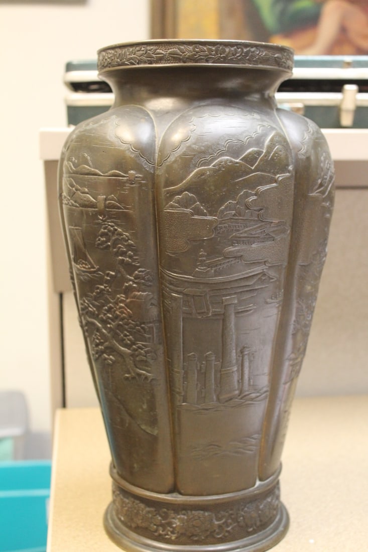 Large Japanese Vase: 19th century - Meiji period - beautifully well carved - 15 1/4" tall by 7" wide - heavy