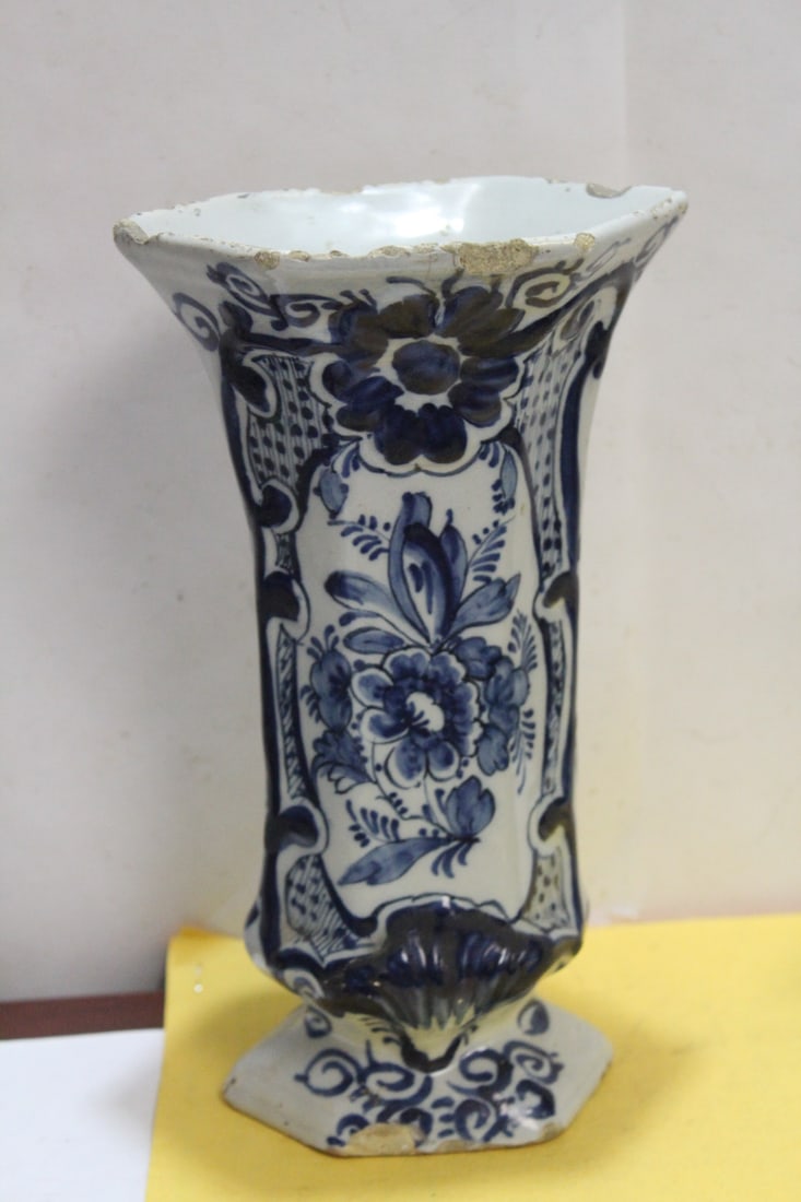 An Antique Delft Vase: 18th century - please note: chips, roughness - 8 3/4" tall