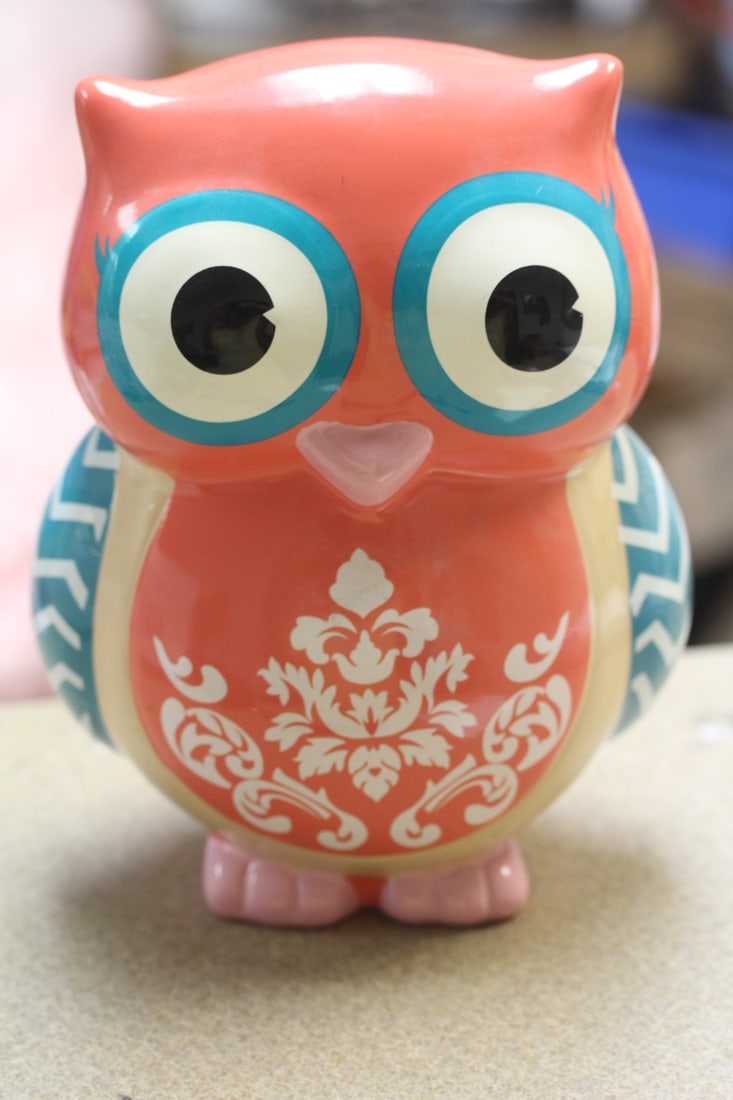 Ceramic Owl Bank: 7 1/2" tall