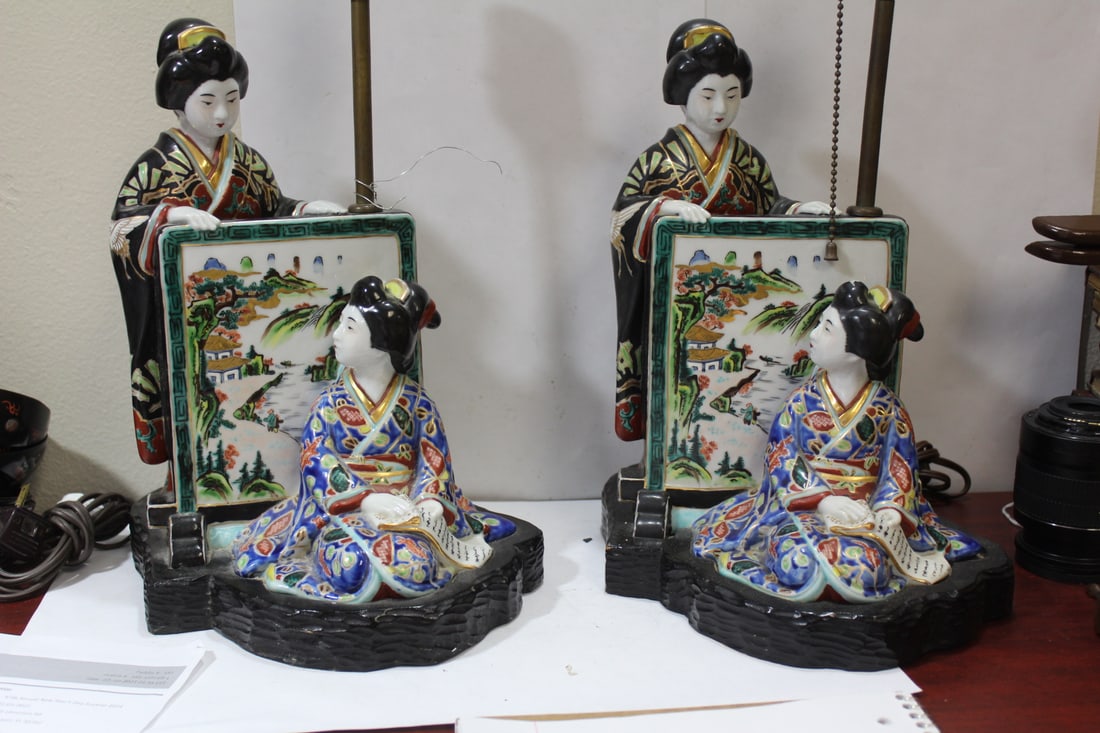 A Pair of Japanese Kutani Geisha Girl Lamps: most likely 19th century - figurine only= 10 7/8" tall (without the base)