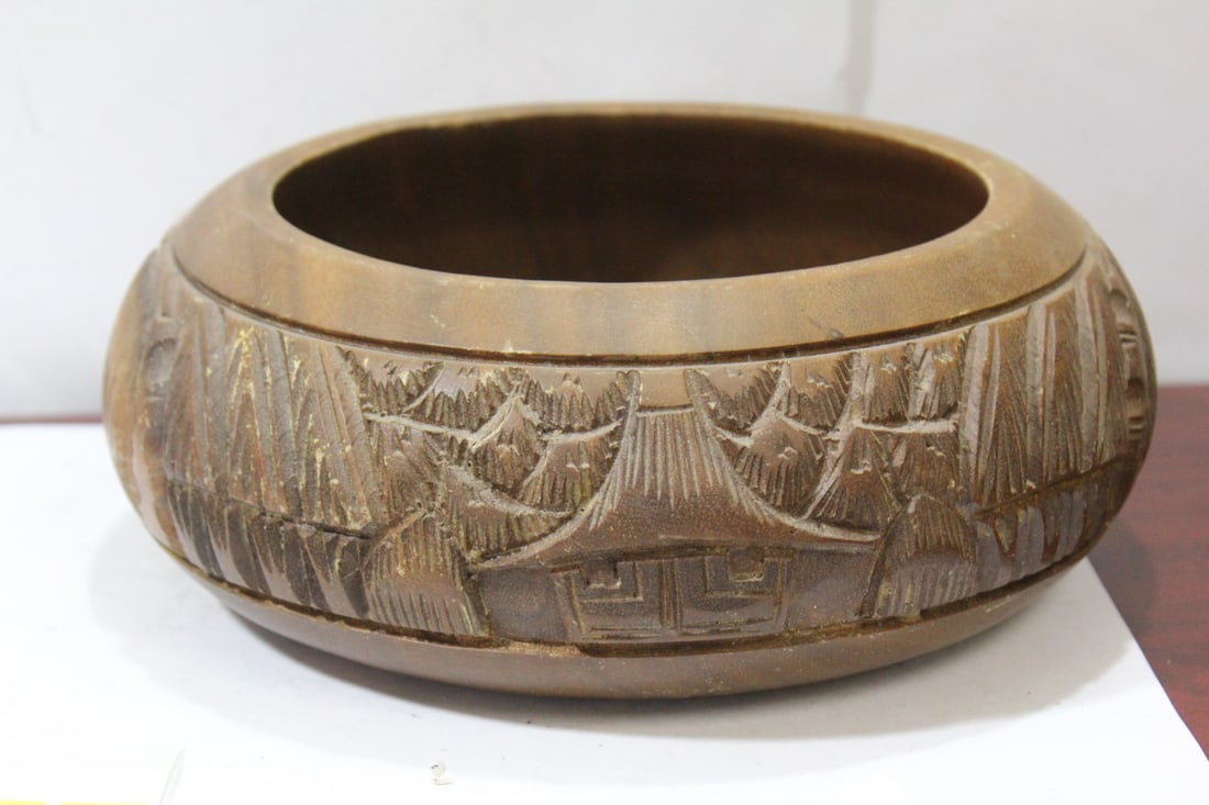 A Carved Mid Century Wooden Bowl: Possibly Japanese - 9 3/4" in diameter