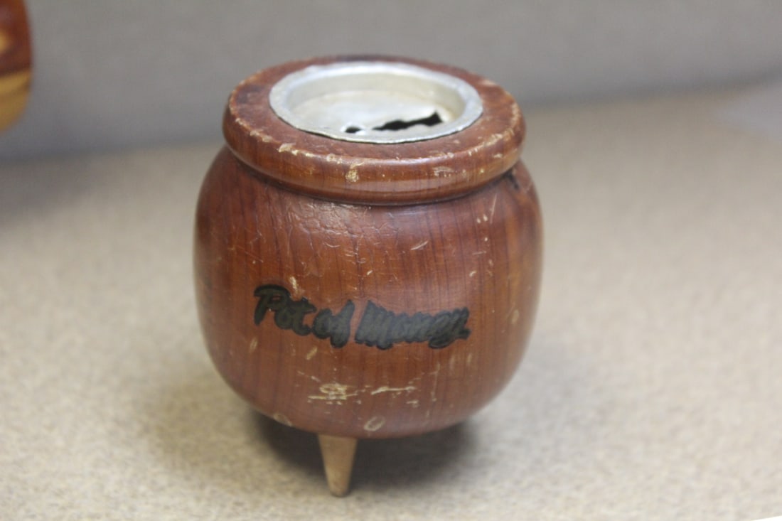 A pot of money wooden bank: 3 1/4" tall