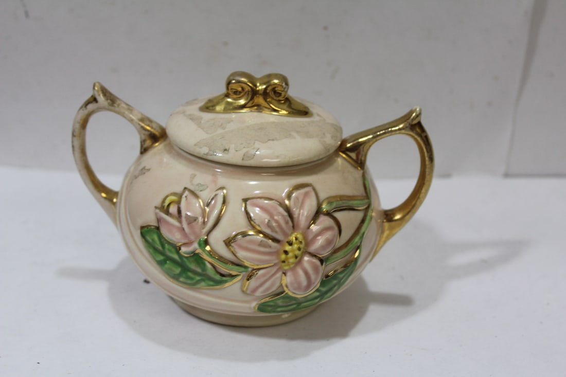 A Hall Sugar Container: please note: under chip, worn - handle to handle= 5 1/4"