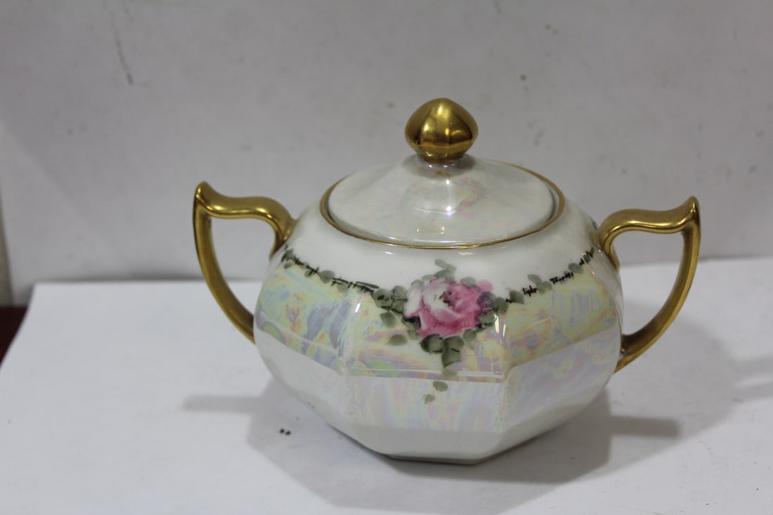 A Lusterware Sugar Container: 5 1/4" across handle to handle