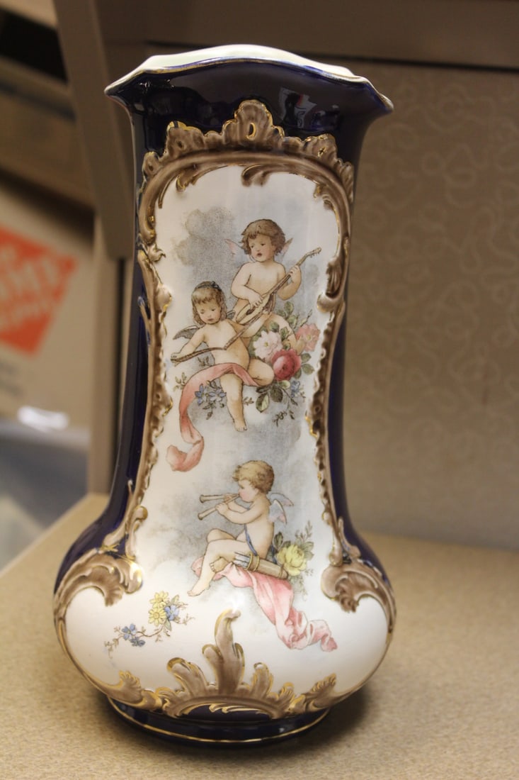 Antique Ceramic Vase: with children/angels - early 20th century - 10 7/8" tall