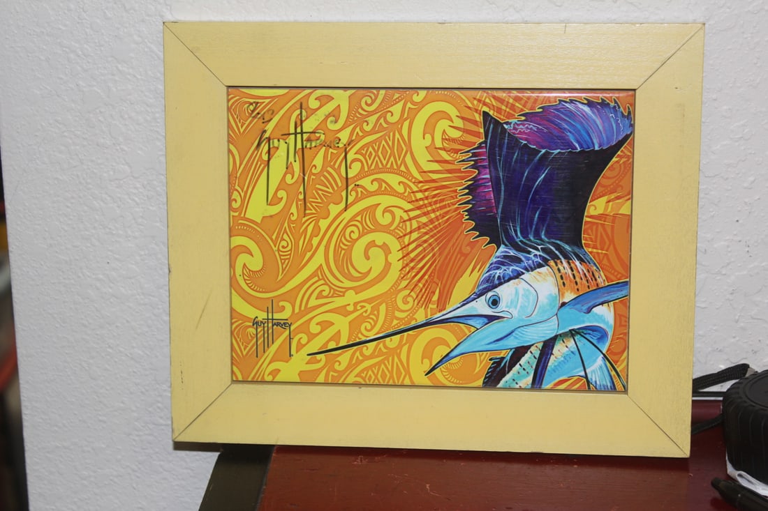 Signed Guy Harvey Marlin Tile: framed - overall= 10 3/8' x 8 3/8"