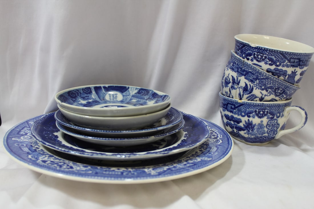 Lot of 9 Blue and White Canoton Items: all have some sort of chips/problems - largest= 10 inches - two of them are chinese