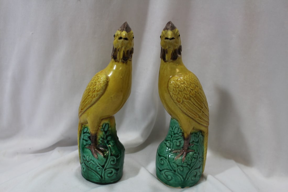 A Pair of Chinese Porcelain Chickens: or phoenixes - 7 5/8" tall each- please note= one beak restored as shown
