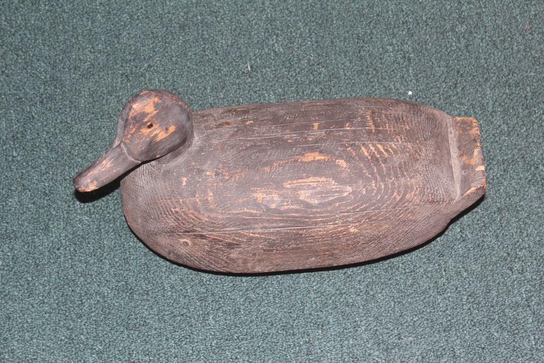 Signed Duck Decoy: antique/vintage - solid wood - with glass eyes - 15 inches across