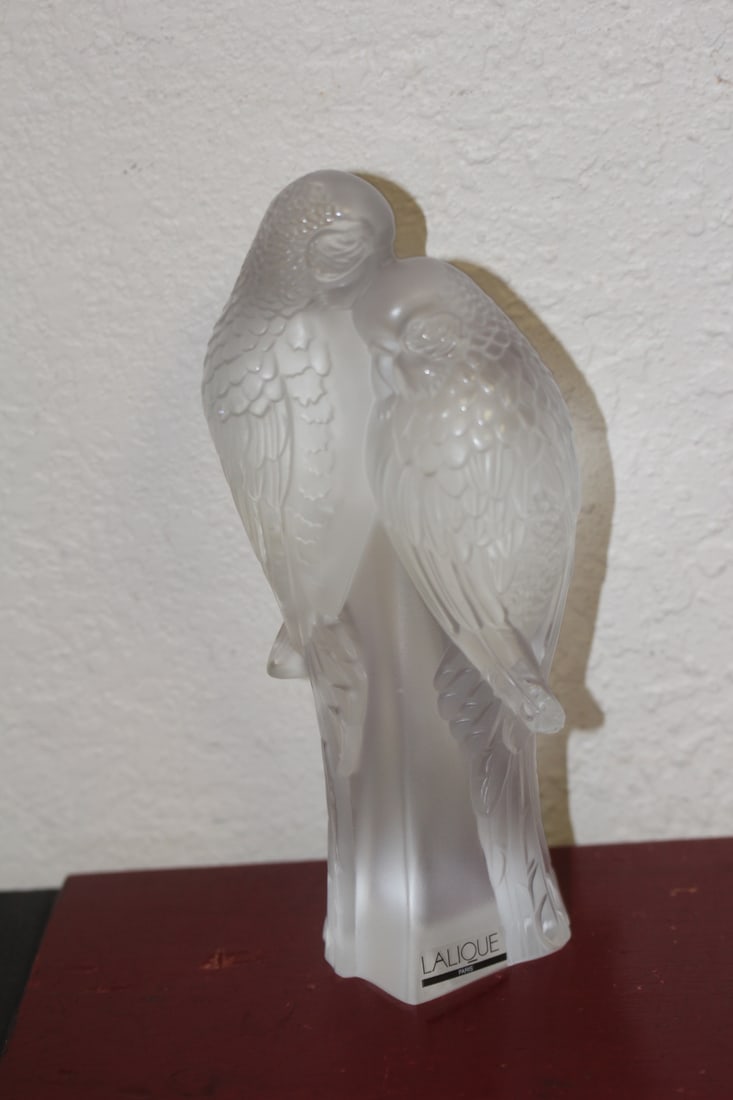 Lalique Crystal Two Parakeet: 7 1/2" tall