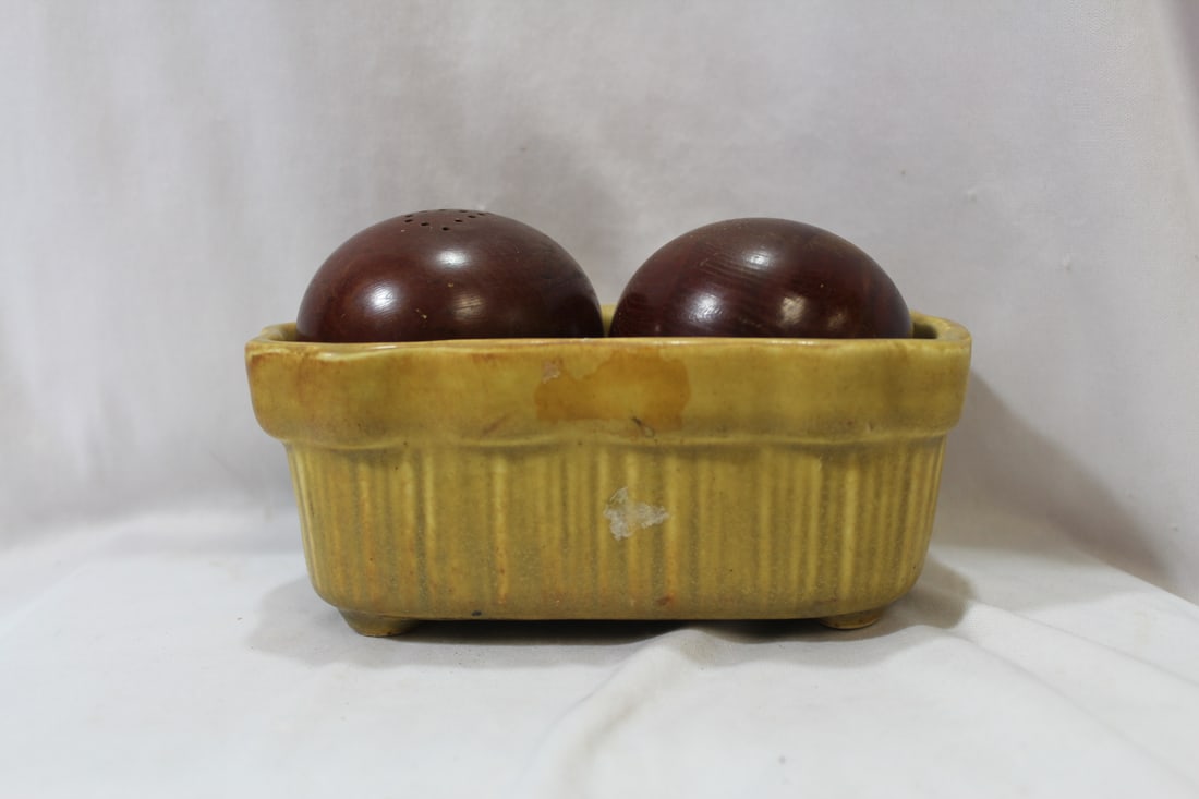 Pair of Salt-Pepper Shakers and a Ceramic Planter: planter= 6 1/2" long - shakers are wood construction