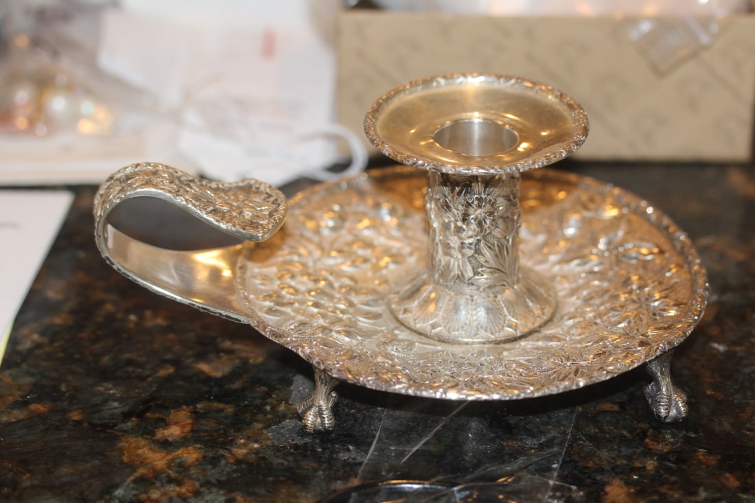 Ornate Sterling Holder Craw and Ball: Dominic and Haff repousee ornate sterling holder - craw and ball feet - rare - 6" across with handle